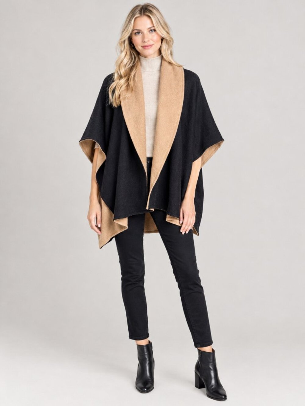 TAHARI Shawl Two-Tone Ruana Open-Front Shawl Poncho Black Tan Large #A5052